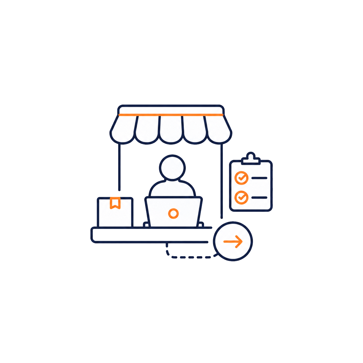 Иллюстрация продавца с товаром, чек-листом и направлением отгрузки